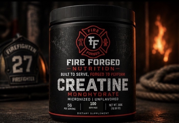 Fire Forged Nutrition Creatine Monohydrate product in a firehouse-inspired setting